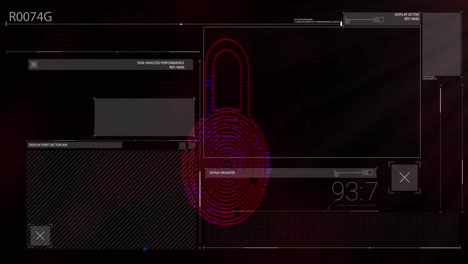 candado de seguridad e interfaz digital con procesamiento de datos contra un fondo negro
