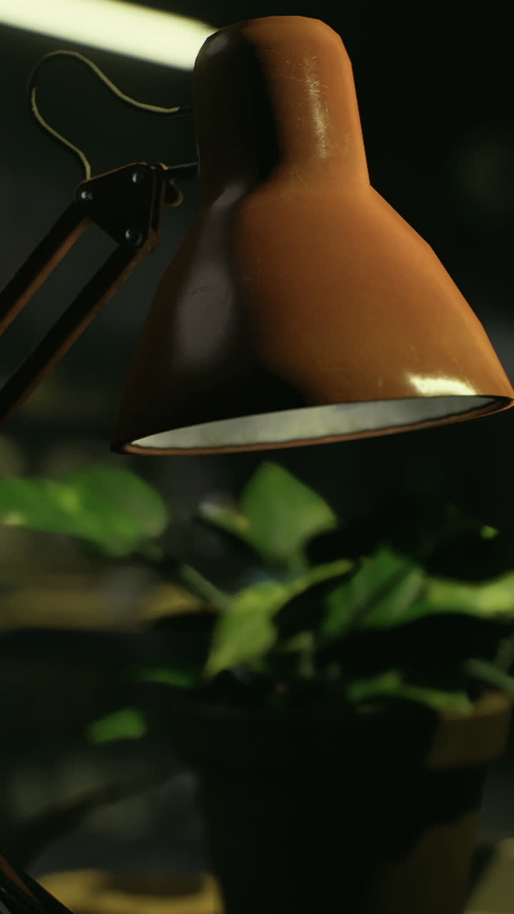Workspace relaxation with a desk lamp and a potted plant in a dimly lit room