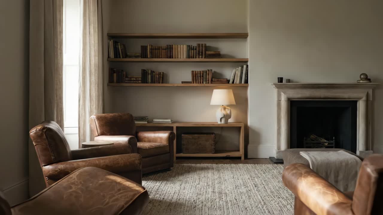 Interno di salotto accogliente con librerie e caminetto