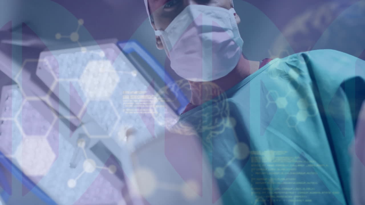 병원에서 백인 남성 외과 의사에 대한 데이터 처리의 애니메이션