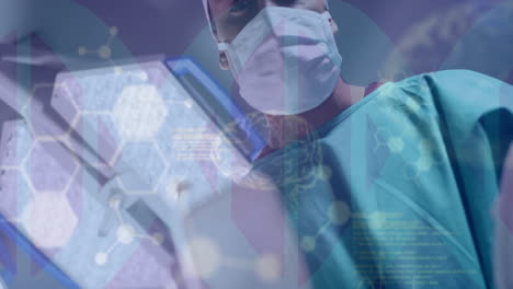 animación de procesamiento de datos sobre cirujano caucásico en el hospital