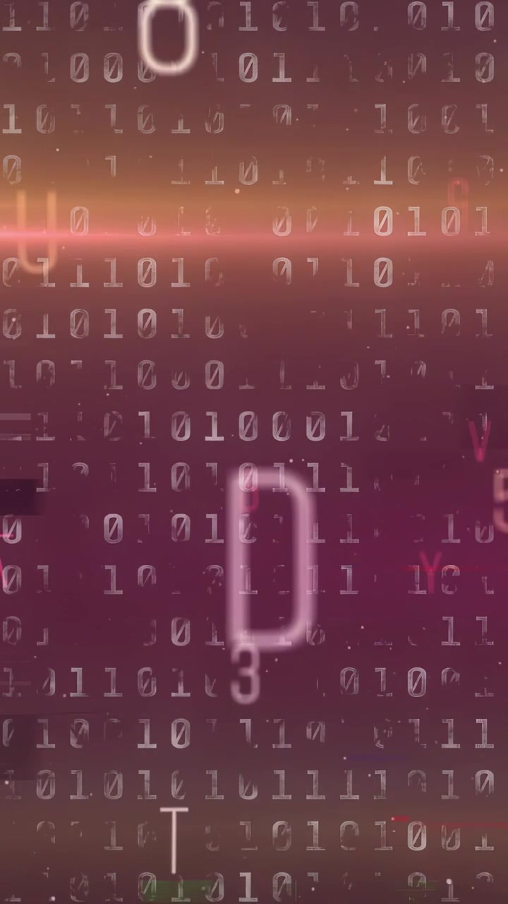 Vertical video: Alphanumeric overlay reacting to warm light sweep, drifting, scaling, showing loop