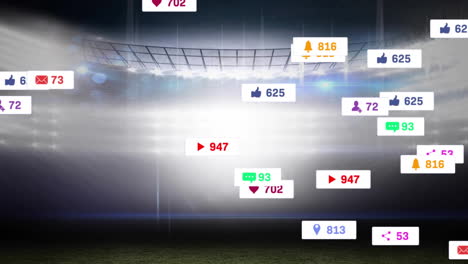 animation of social media icons and data processing over sports stadium