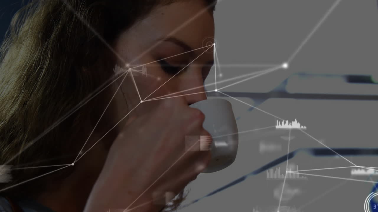 Woman sipping mug while network graphics connecting nodes with bar charts highlighting analytics