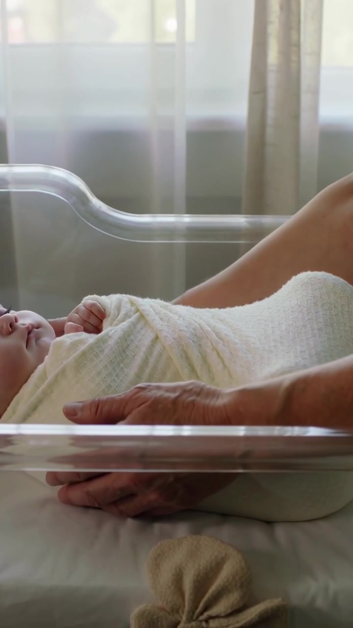 Video verticale: Adulto che adagia il neonato fasciato nella culla vicino alla finestra, sistemando la fascia.
