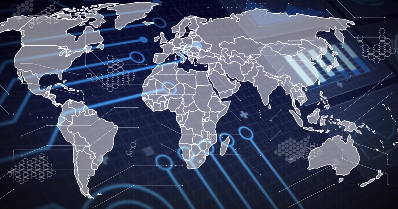 Animation of data processing and world map over blue background