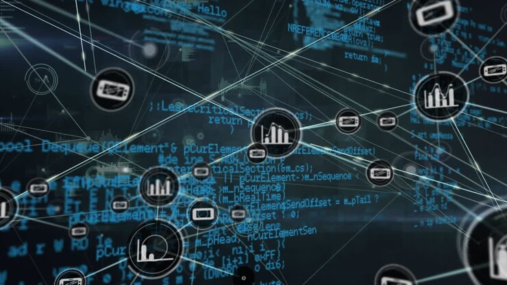 Animation of connected icons over computer language against abstract background