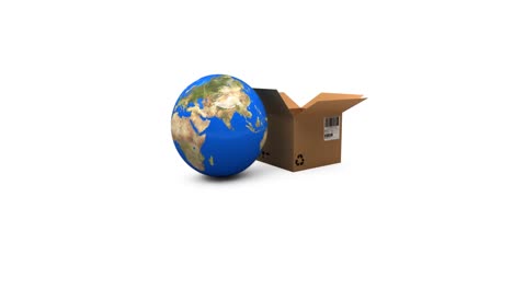 Animation-of-globe-and-open-cardboard-boxe-on-white-background