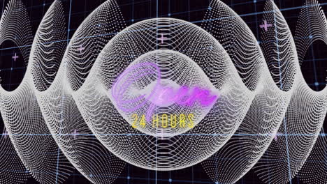 Animation of open 24 hours text in neon and digital grid over white mesh curves on black