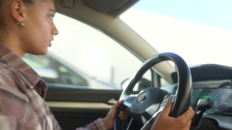 Giovane donna che guida un'auto in una giornata di sole