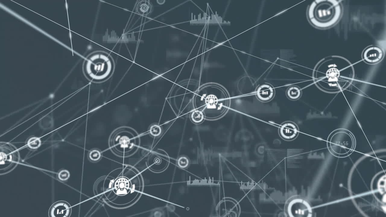 Animation of network of connections with icons and data processing over grey background