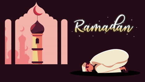 ramadan kareem lettering animation with muslim man and temple