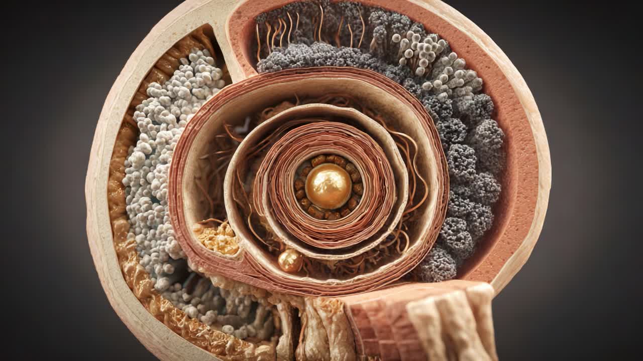 Detailed Cross-Section of an Organic Structure Featuring Intricate Layers, Textures, and Arrangement of Organic Materials with Embedded Elements Representing Complexity and Design