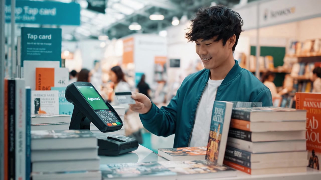 様々な本に囲まれた書店でカード決済機を使用する若い男性：小売取引と顧客エンゲージメントにおける現代テクノロジーを示す