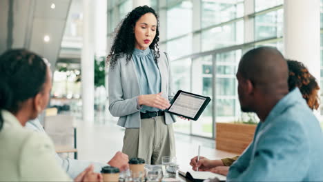 Business-woman,-meeting-and-presentation-on-tablet