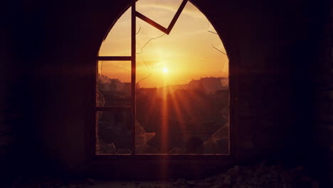 broken window sunset over a ruined city