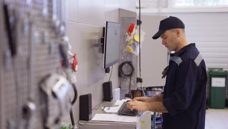 mecánico en uniforme uso de la computadora para su trabajo para arreglar el coche roto