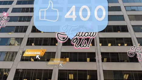 like icon with increasing numbers on speech bubble and social media icons against tall building