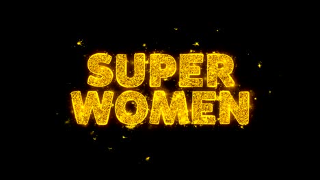 las mujeres súper texto chispas partículas en fondo negro.