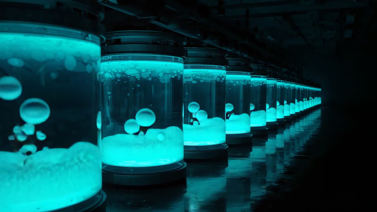 Bubbling row of clear tanks producing bubbles from bases in lab, showing rails and reflective floor