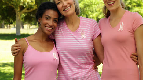 Smiling-women-wearing-pink-for-breast-cancer-awareness-in-the-park