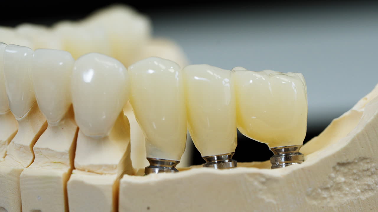 Detailed close up of dental implants with porcelain crowns on a teeth model. Precision restoration work showing modern dentistry, prosthetic solution, and realistic tooth replacement