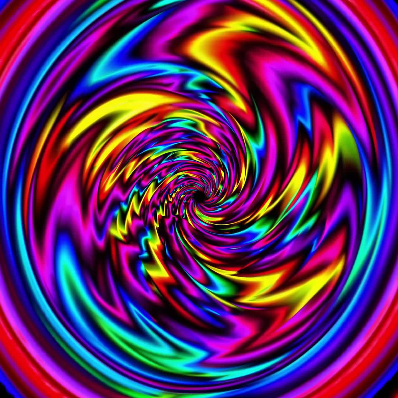 Colori neon vibranti e vorticosi creano un effetto a spirale ipnotico, visto da un angolo dall'alto