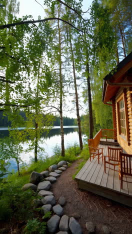 log cabin by a serene lake in a lush forest