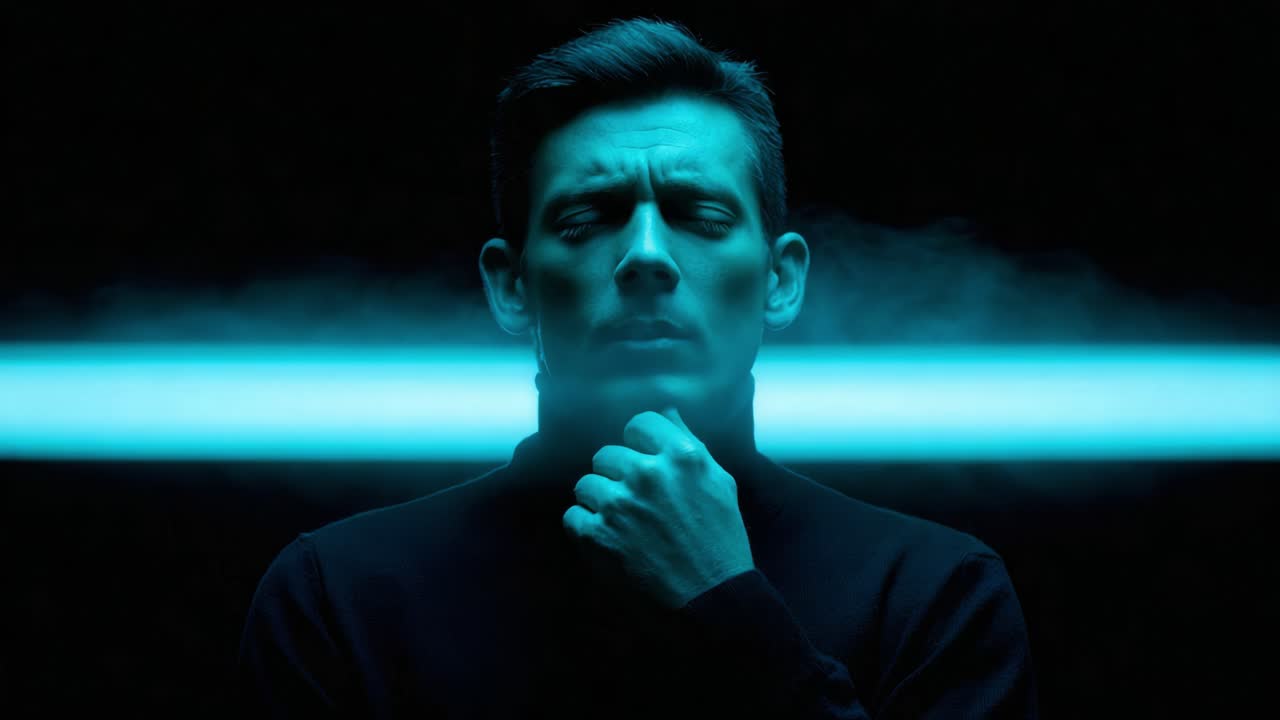 A Pensive Individual in Contemplation Under Dramatic Blue Lighting and Mist, Creating a Mystical, Introspective Atmosphere in a Dark Background Setting