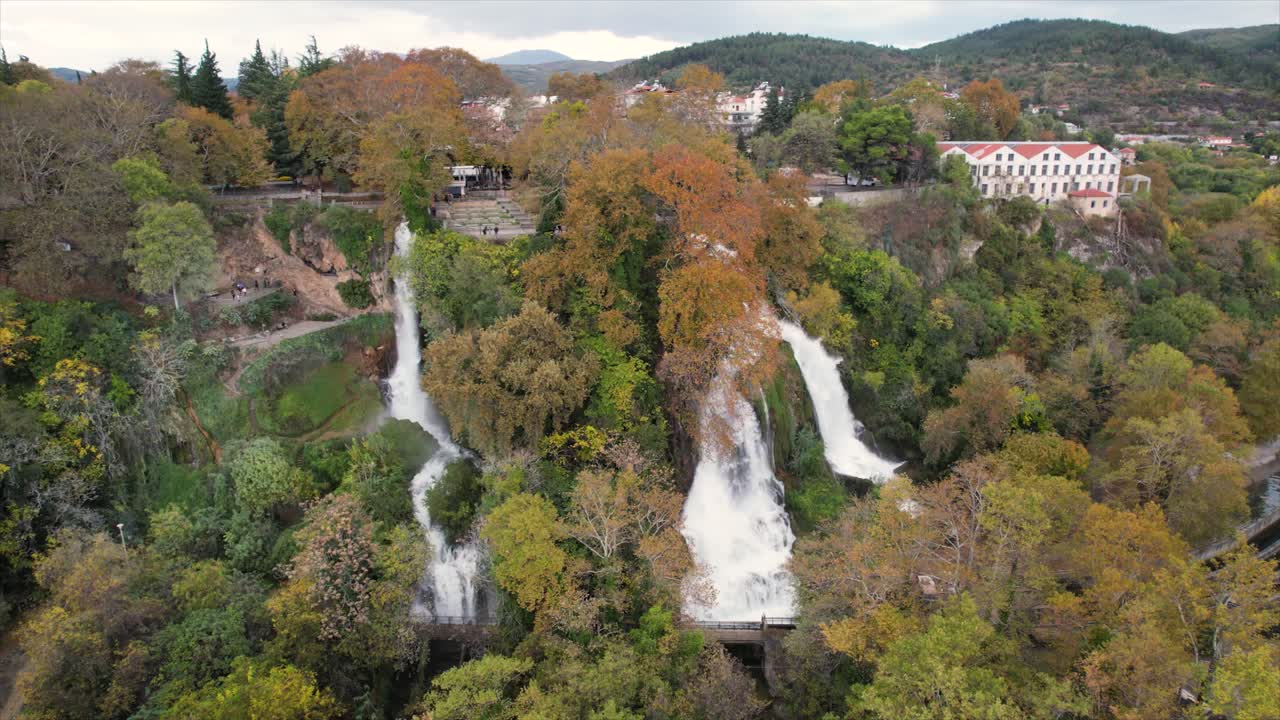 Edessa Waterfalls Aerial Point of Interest Shot, Autumn Colors in Nature Landscape in North Greece Countryside