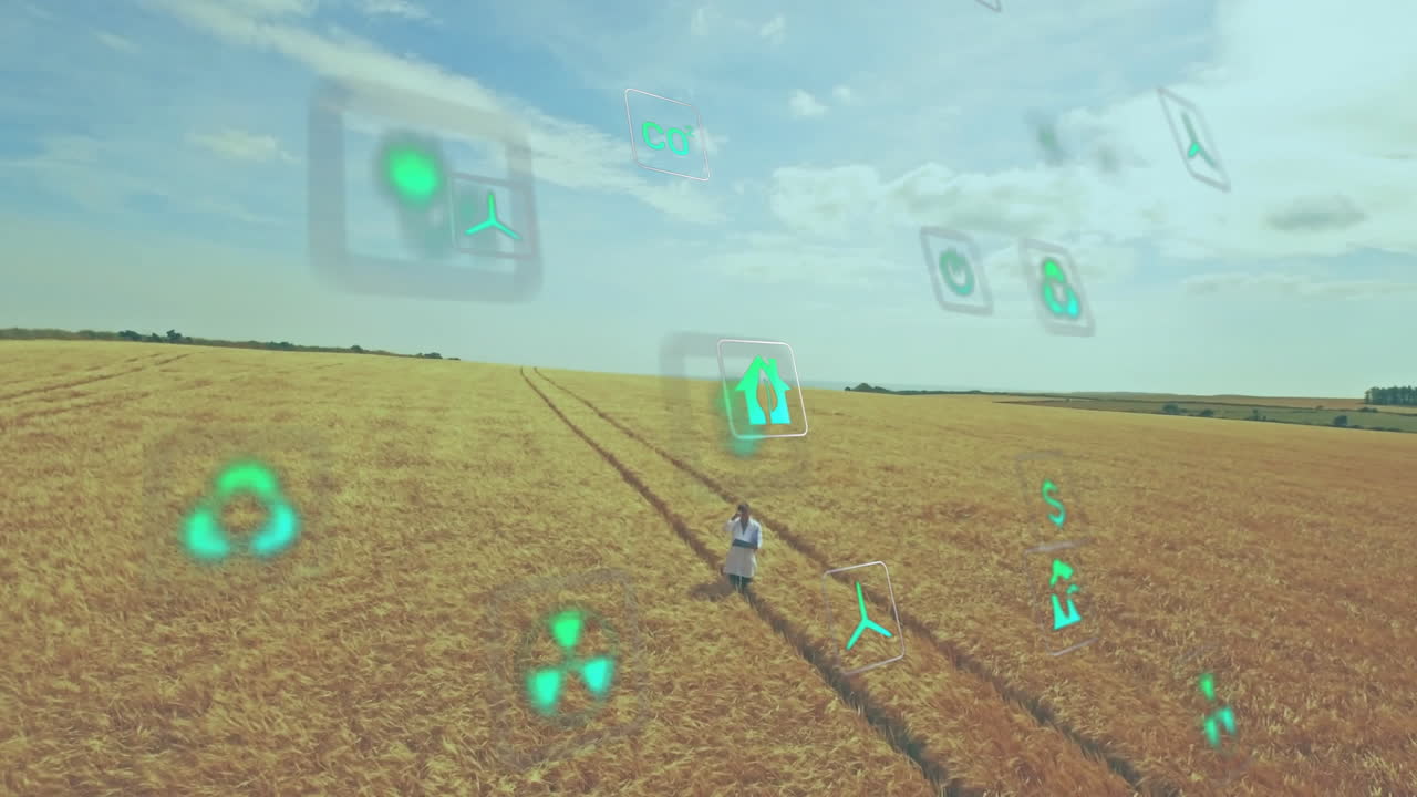 Mature man standing on tractor tracks in wheat field, viewing floating renewable energy icons