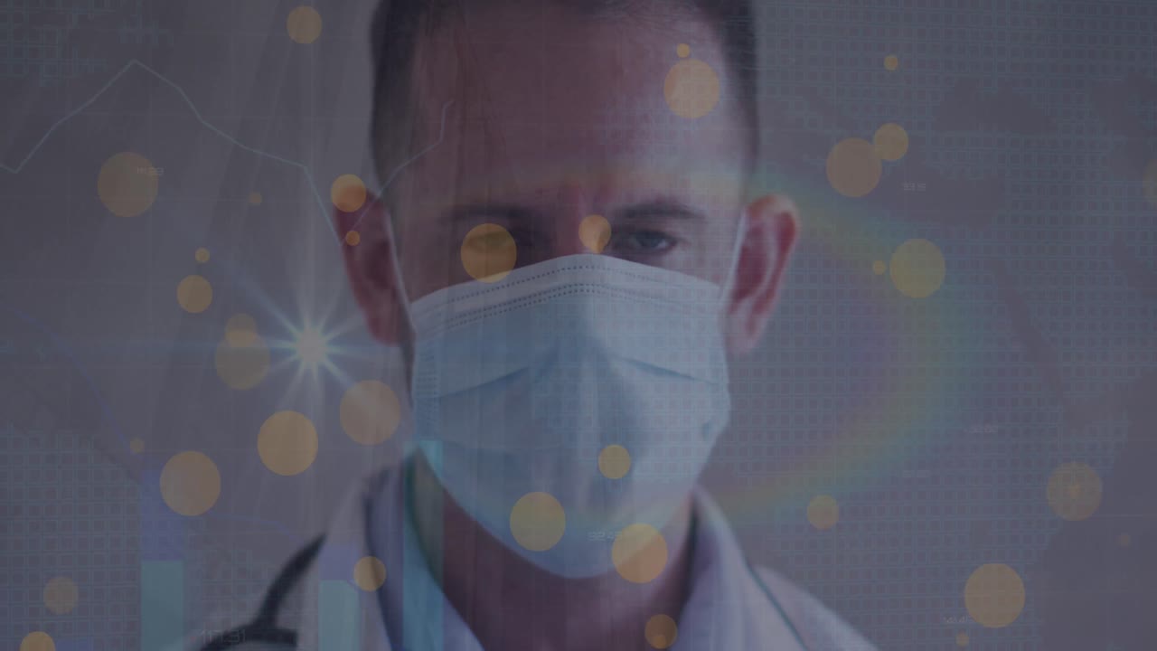 얼굴 마스크를 쓴 백인 남성 의사에 대한 데이터 처리 애니메이션