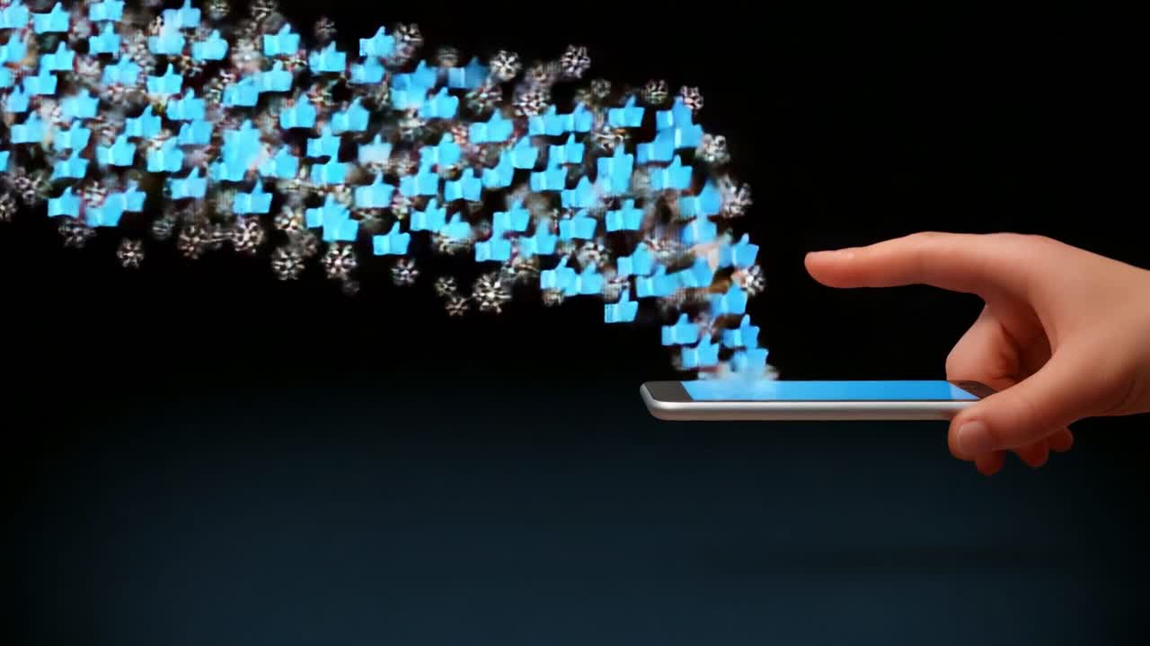 Digital Interaction: A Hand Engaging with a Smartphone Screen, Generating a Stream of Likes in the Form of Snowflakes in a Mesmerizing Visual Display of Social Interaction
