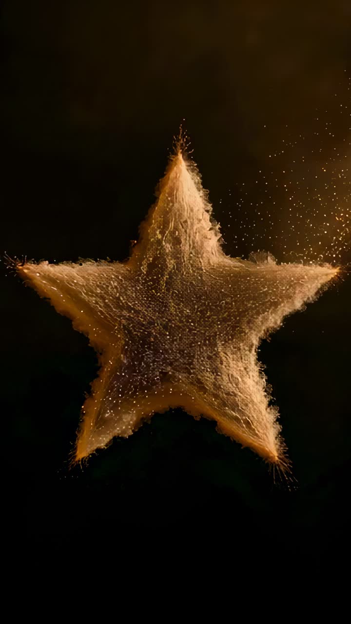 Vertical video: Flaring 5-point star sending golden dust outward on black backdrop, warm rim light