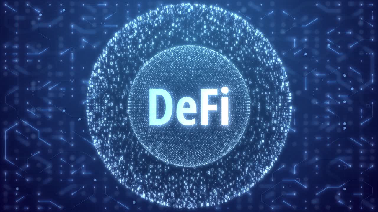 DeFi Concept over Matrix sphere on circuitry background. random numbers in form of sphere over circuit blue background