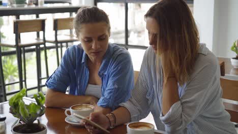 two women friends having a conversation in a cafe