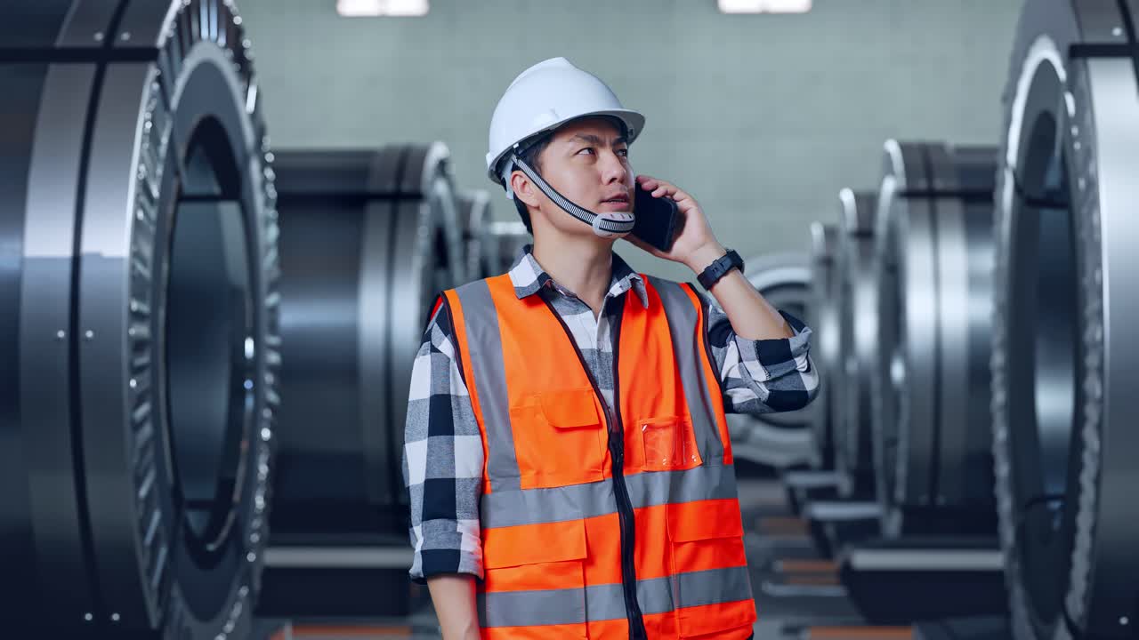 Asian Male Engineer With Safety Helmet Talking On Smartphone While Standing In Metal Factory