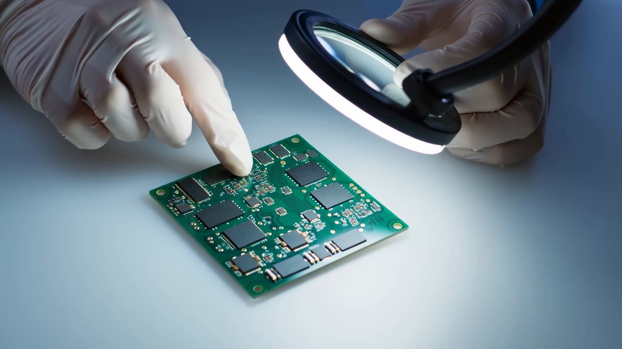 Gloved Hands Inspect Circuit Board, Under Magnifying Lamp In Sterile Lab, Technician Performs Quality Check