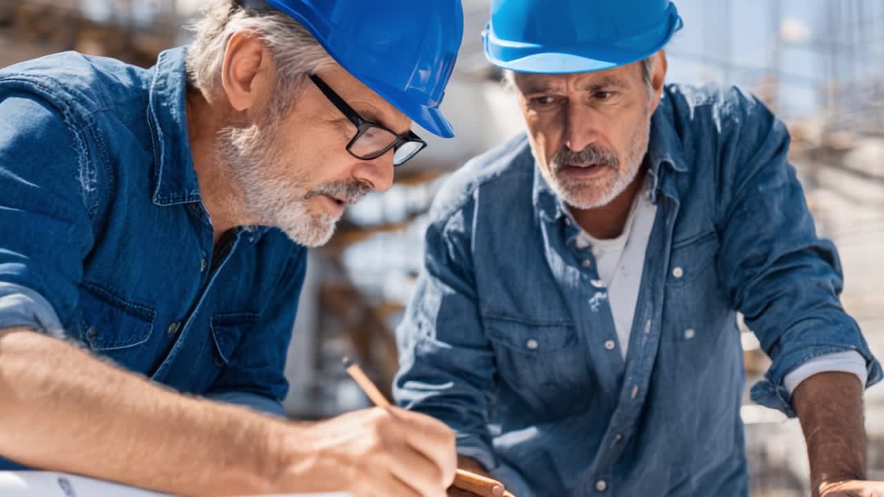 Two construction professionals collaborate on a project, showcasing teamwork and precision as they review plans and take notes on important architectural details