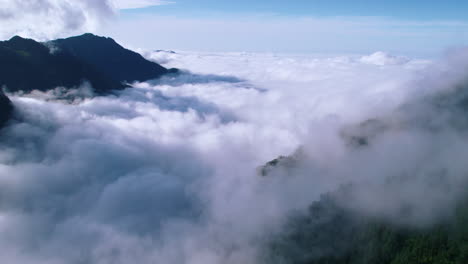 early morning cloud covers hills of nepal, blue sky, green hills, blue cliffs