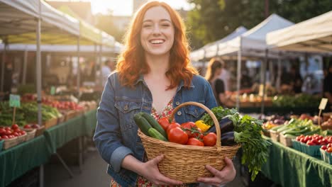 joyful woman smiling with basket of fresh vegetables at bustling market near sunlight, embracing a vibrant lifestyle and healthy eating choices