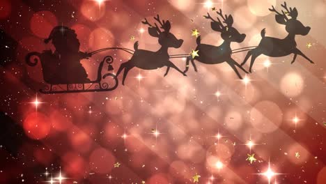 Animation-of-santa-claus-in-sleigh-with-reindeer-over-christmas-glowing-spots