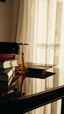 graduation cap and books on a table