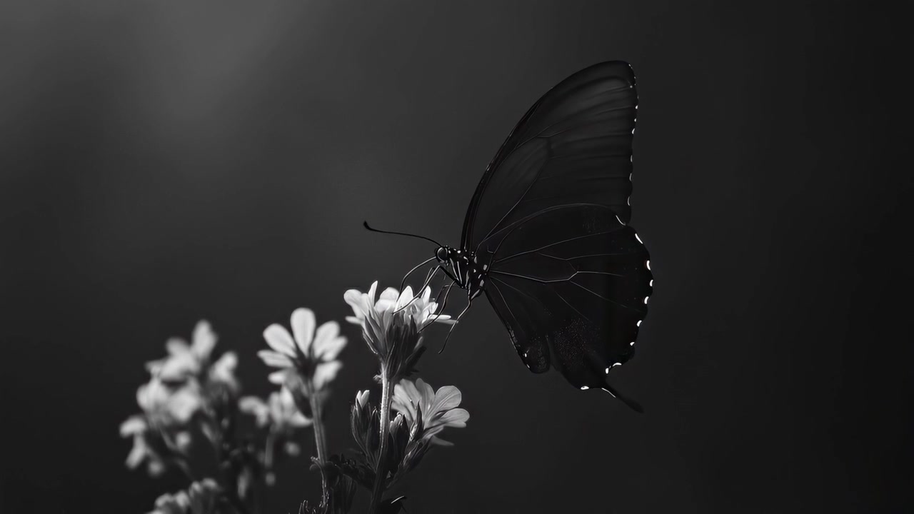 Monochrome Butterfly Taking Flight from a Delicate Flower