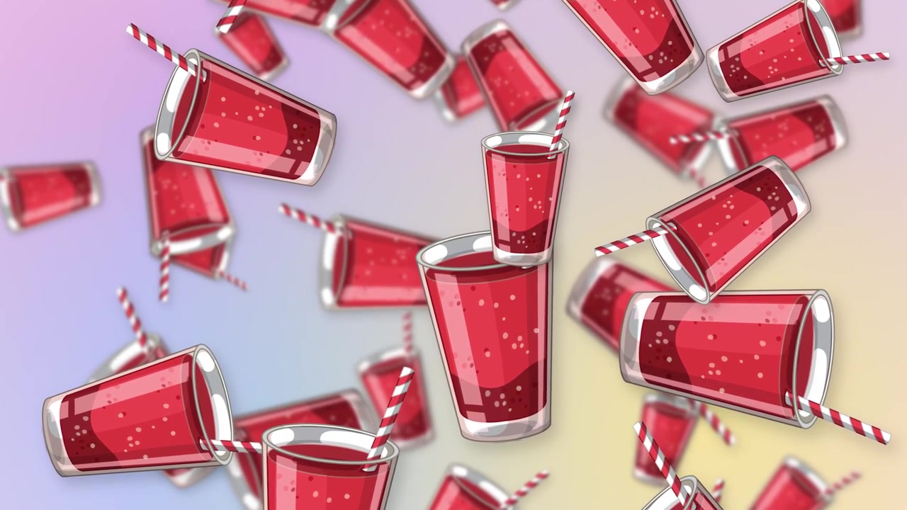 Bicchieri di soda rossi animati con cannucce a righe cadono continuamente su uno sfondo sfumato pastello tenue.