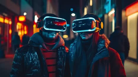 a man and a woman wearing virtual reality headsets on a city street