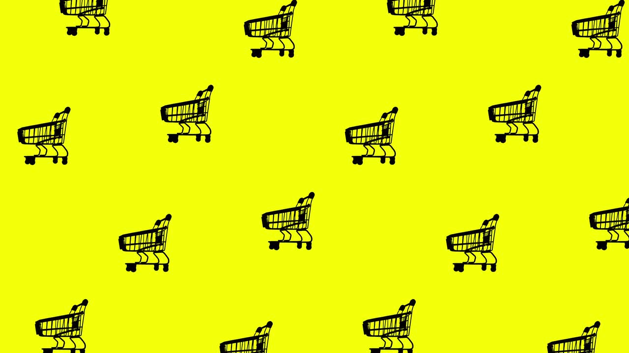 animación de patrón de bucle sin costuras con muchos carros de compras vacíos de color negro contra fondo amarillo, vista lateral, espacio de copia