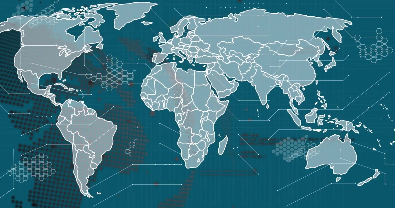 Animation of diverse data, globe over world map on green background