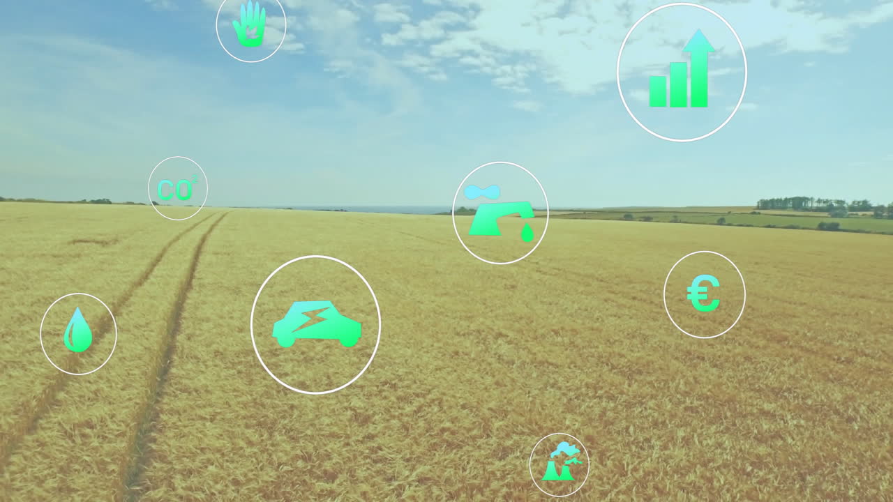 Designer overlaying agriculture icons on wheat field, illustrating water droplet, CO2, electric car