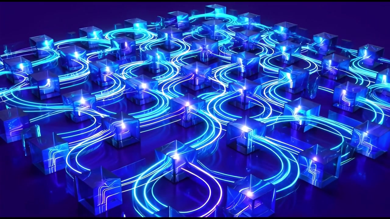 Abstract Digital Network of Glowing Blue Data Cubes